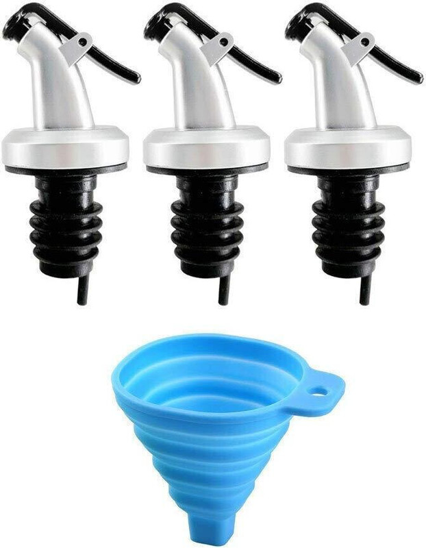 ZIVINI 03Oil Bottle Cap Dispenser Nozzle Stopper LeakProof &01silicon funnle forKitchen Plastic, Stainless Steel Bottle Stopper(Black, Silver)