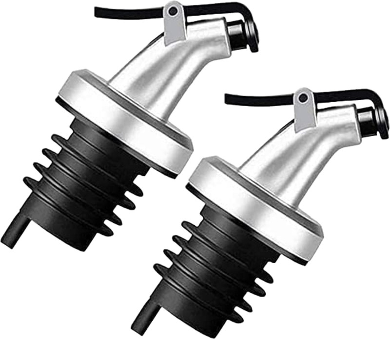 MOOZICO 2Pcs Oil Free Flow Dispenser Cap Glass Bottle Salad Dressing for Home & Kitchen Steel, Silicone Bottle Stopper(Black, Silver)