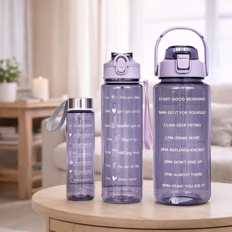 Glowee Motivational Water Bottle Set of 3 | 2000ml, 800ml, 300ml Leakproof Bottle 3100 ml Plastic Bottle(Pack of 3, Purple, Black, Light Blue, Light Green, Pink)