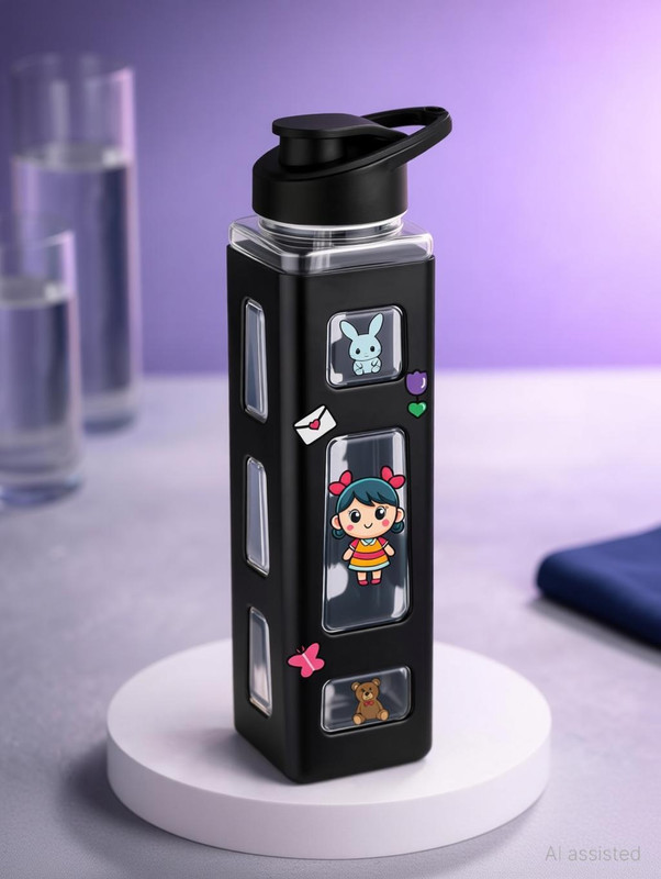2Mech Water Bottle With Convenient Straw and Sticker Fancy Kids Water bottle 1005 ml Plastic Bottle(Pack of 1, Black)