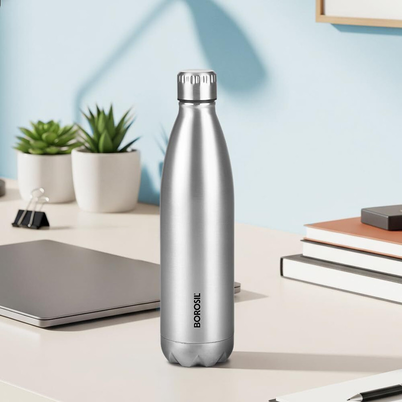 BOROSIL Bolt Steel Water Bottle, 24 Hours Hot & Cold Double Wall Insulated Flask 1000 ml Steel Flask(Pack of 1, Silver)