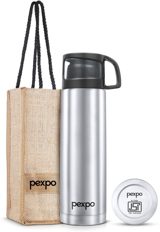 pexpo Stainless Steel ISI Certified Hot & Cold Thermos with Jute Bag-Fererro 500 ml Steel Flask(Pack of 1, Black)