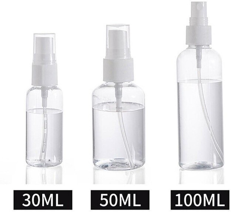 EverGlam 3 PC Spray Bottles Clear Empty Fine Mist Plastic 100 Ml +50ml+30 ML 180 ml PET Spray Bottle(Pack of 3, Clear)