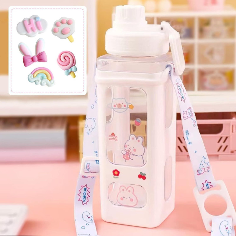 TRK IMPEX 700ml Kawaii Water Bottle with Straw Sticker Adjustable Shoulder Belt 700 ml Plastic Sipper(Pack of 1, White)