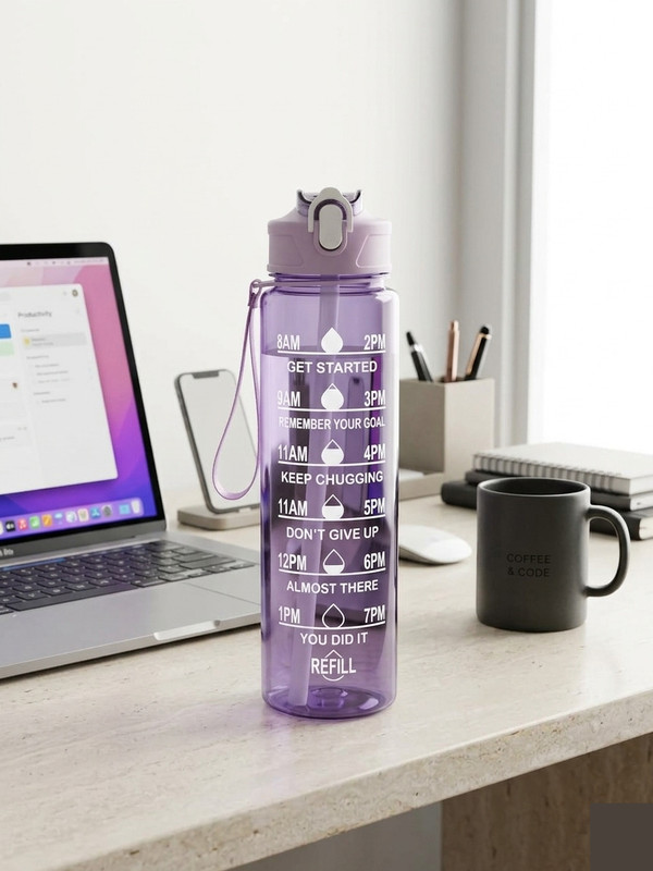FKMXL Transparent Motivational Water Bottle 900ml for gym office 900 ml Plastic Sipper(Pack of 1, Multicolor, Purple)