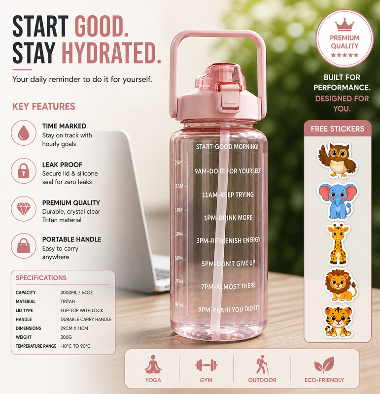 Cronus LargeCapacity Water Bottle Motivational trasparent travel bisycle 2000 ml Bottle 2000 ml Plastic Sipper(Pack of 1, Pink)