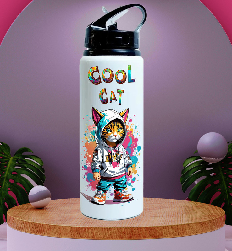 ZORI Cool Cat Printed Aluminum Sipper Water Bottle with Lid & Straw 750 ml Aluminium Shaker(Pack of 1, White)