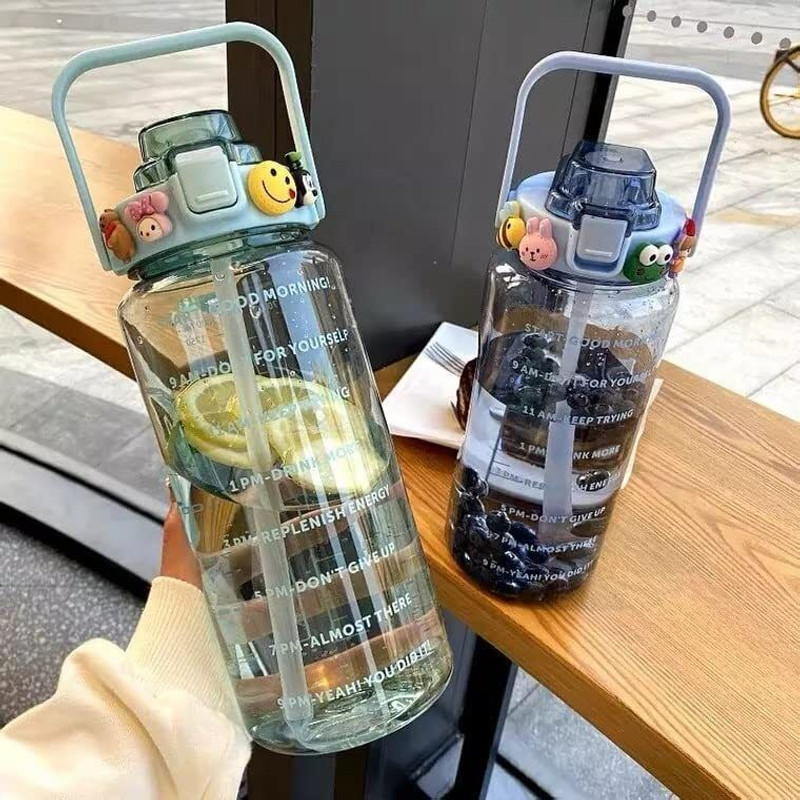 SeaRegal 2 L Capacity Water Bottle Belt Straw Transparent bottle 2000 ml Silicone, Plastic Bottle(Pack of 1, Clear)