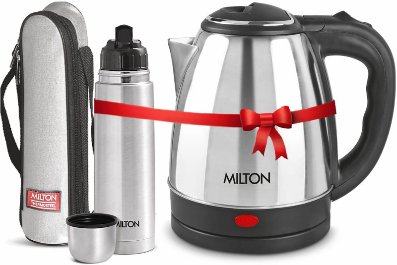 MILTON Go Electric Stainless Steel Kettle, 1.5 Litres and Flip Lid Bottle, 500 ml Steel Flask(Pack of 2, Silver)