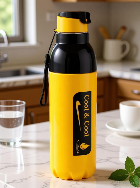 BELLERBIRD Premium Quality Cool Printed PU Insulated Double Wall Water Bottle 1000 ml Plastic Bottle(Pack of 1, Yellow)