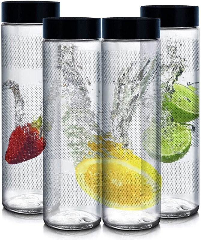 Uinque Buyer 4PCS-Black Plastic Lids Glass Water Bottles Set - For Fridge, Juicing 750 ml Glass Bottle(Pack of 4, Clear)