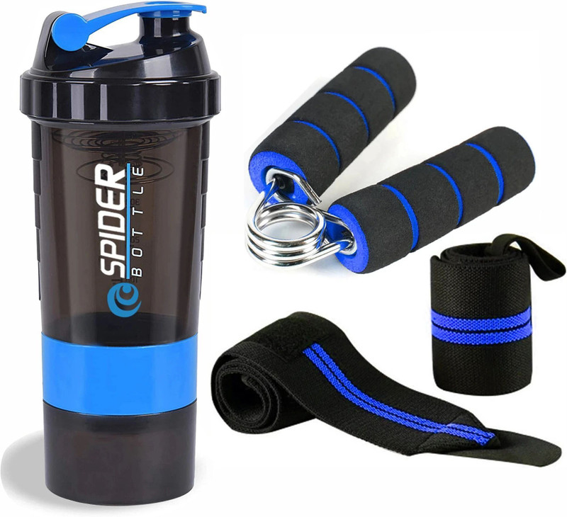 TRUE INDIAN Gym Shaker 500ml With Wrist Band & Mini Hand Gripper For Gym. 500 ml Tritan Shaker(Pack of 1, Blue)