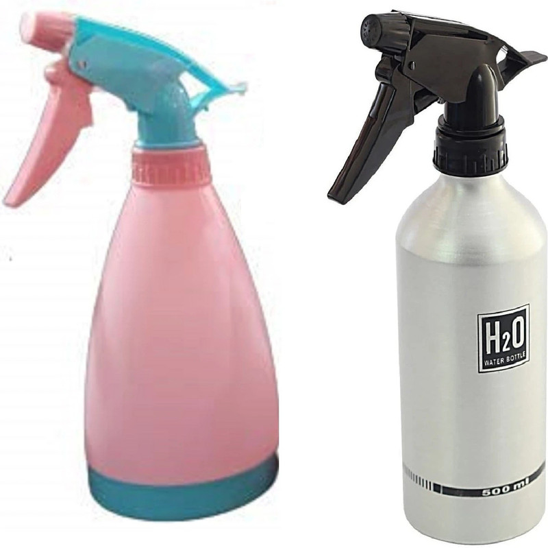 KARTUNBOX Stainless Steel and Plastic Spray Bottle Combo 250 ml Aluminium, Plastic Spray Bottle(Pack of 2, Silver, Pink)