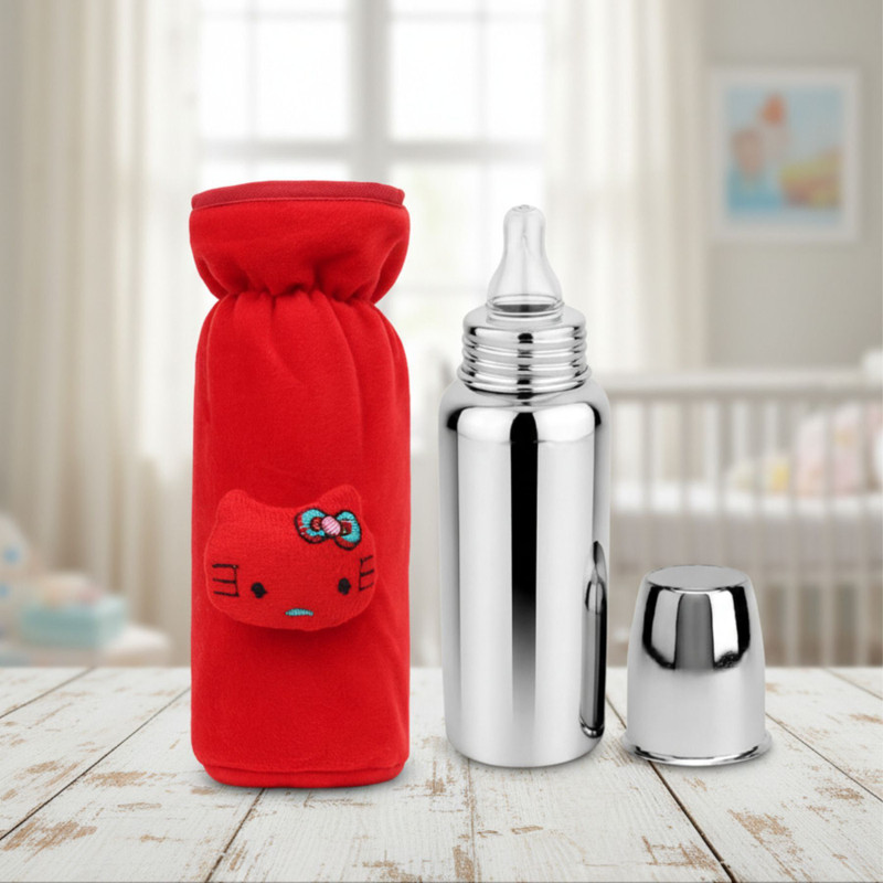 ORILACE Baby feeding bottle with bottle cover steel bottle 0-3 years BPA Free - STAINLESS STEEL BABY FEEDING BOTTLE(RED+BOTTLE)