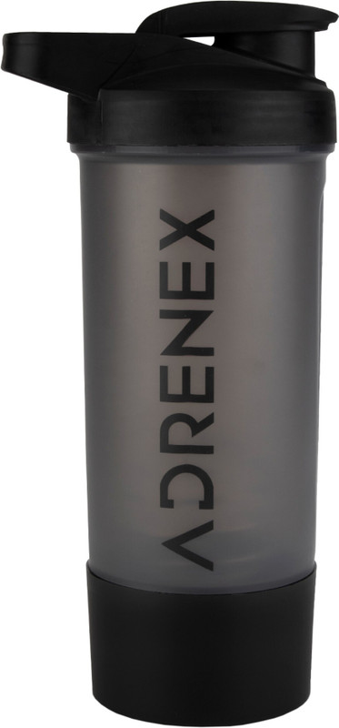 Adrenex BPA Free Gym Bottle with Single Supplement Storage Compartment and Mixer Ball 700 ml Plastic Shaker(Pack of 1, Black, Grey)