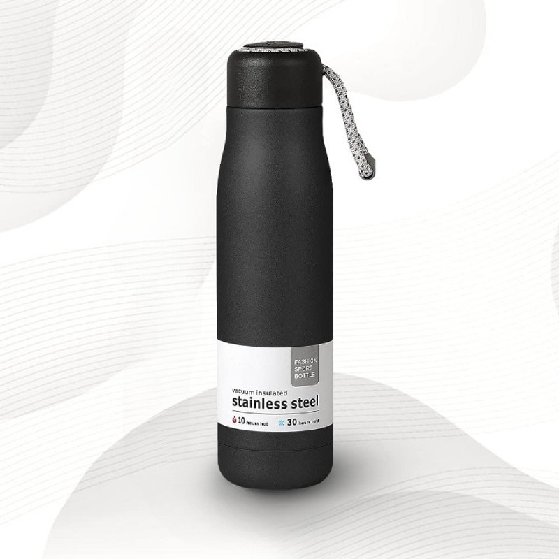 Nirvair Leak Proof Vacuum Insulated Water Bottle with Rope Handle 550 ml Stainless Steel Bottle(Pack of 1, Black)
