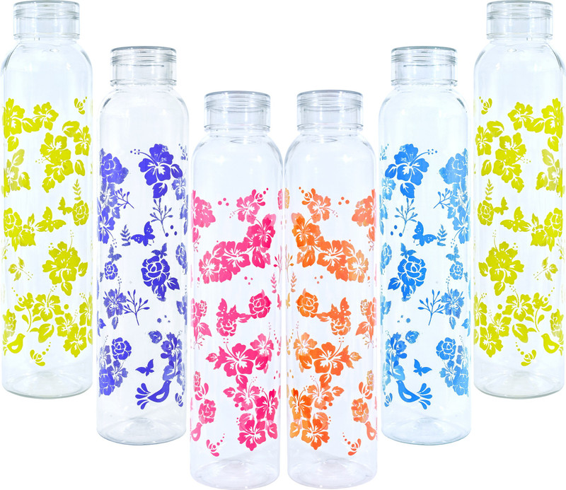 AneriDEALS Flower Printed Black Water Bottle for Fridge, for Home, Office, Gym & School Boy 1000 ml Plastic Bottle(Pack of 6, Multicolor, Clear)