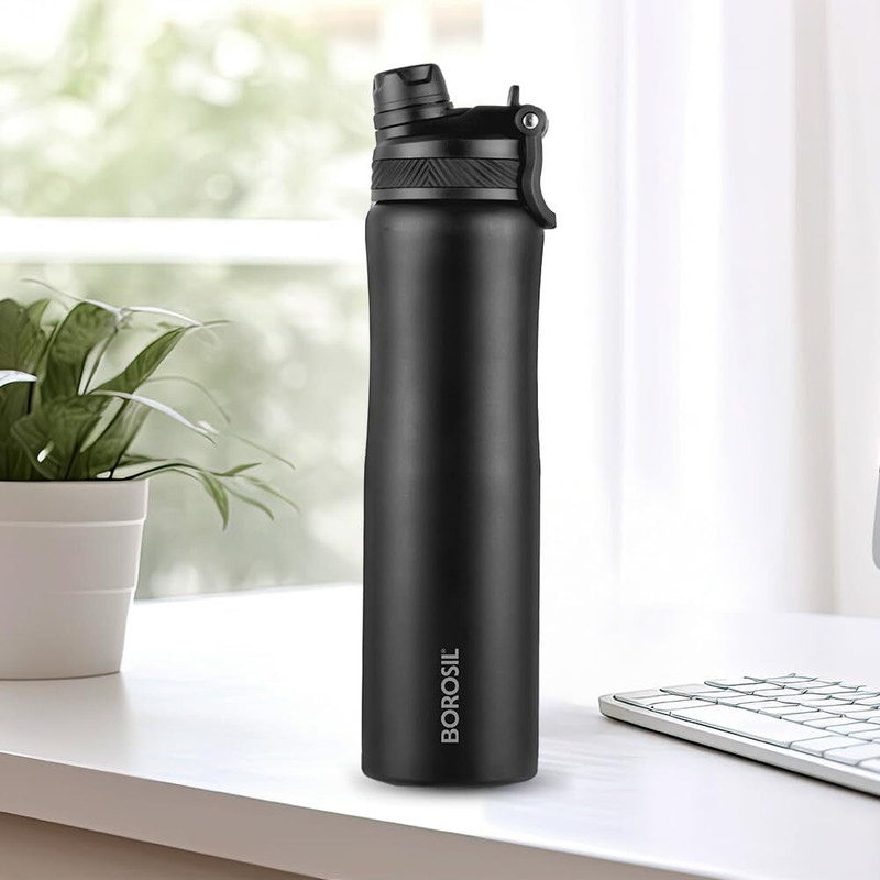 BOROSIL 800ml Duo Sport Bottle, BIS Approved Made in India, 18 Hrs Cold & 14 Hrs Hot 800 ml Stainless Steel Bottle(Pack of 1, Black)