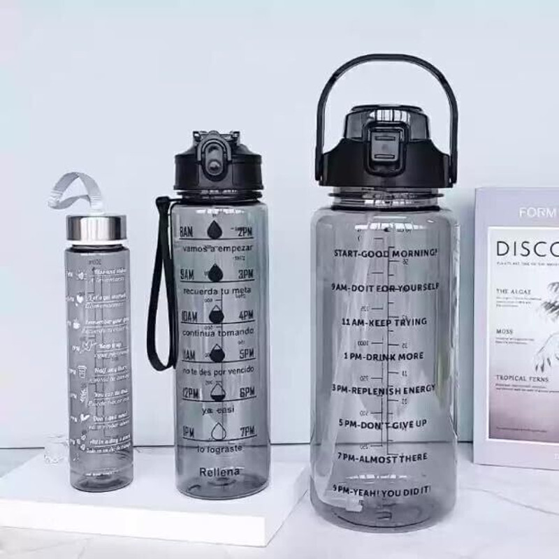 ved online mart Set of 3 Transparent Water Bottle 2000ML, 900ML, 500ML bottle 3400 ml Plastic Bottle(Pack of 3, Black, Blue, Pink, Purple)