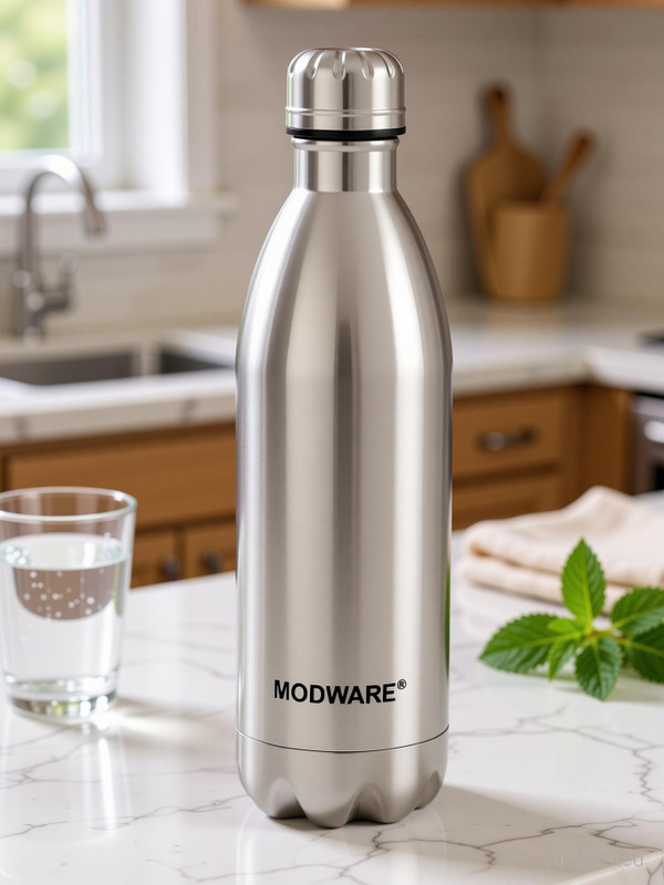 MODWARE Vacuum Insulated Stainless Steel Water Bottle 24 Hour Hot or Cold Thermos Flask- 1000 ml Steel Bottle(Pack of 1, Silver)