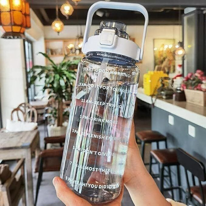 ThirstJoy Large Capacity Water Bottle Motivational For Bicycle GYM-Trasparent Home Straw 2000 ml Silicone Shaker(Pack of 1, Multicolor)