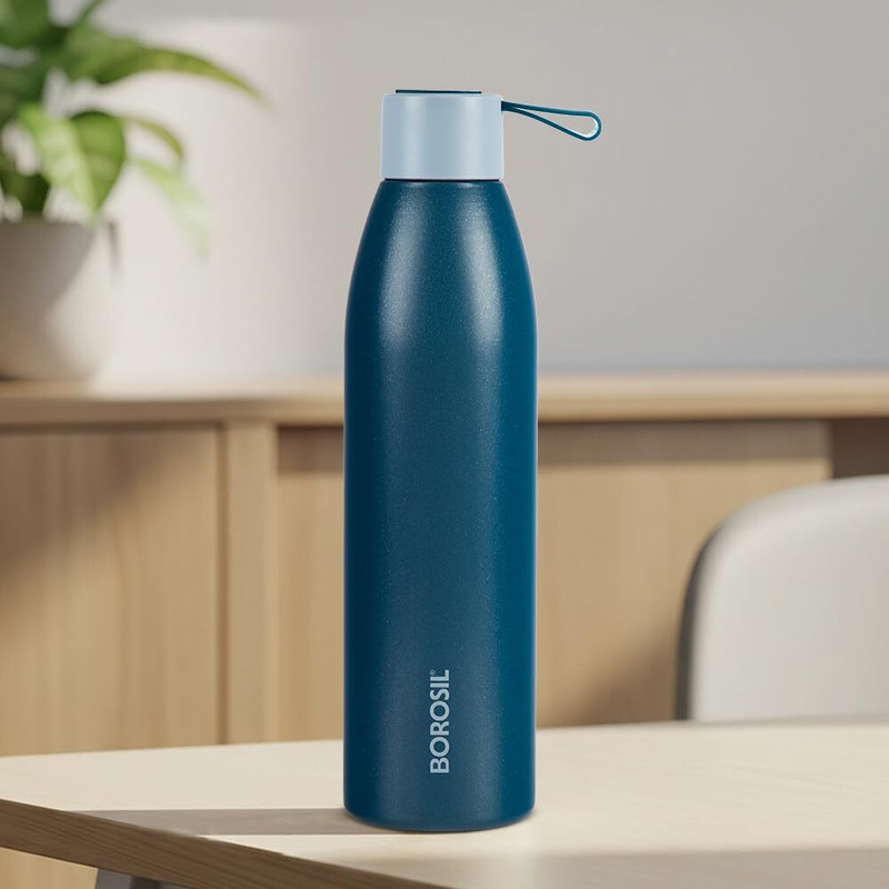 BOROSIL 900ml Duomate Steel Bottle, 24 Hrs Hot & Cold Double Wall Vacuum Insulated Flask 900 ml Stainless Steel Flask(Pack of 1, Blue)