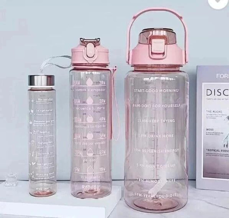 VIHANCO Set of 3 Transparent Water Bottle with Straw & Stickers-Office Water Bottle 2000 ml Plastic Bottle(Pack of 3, Multicolor)