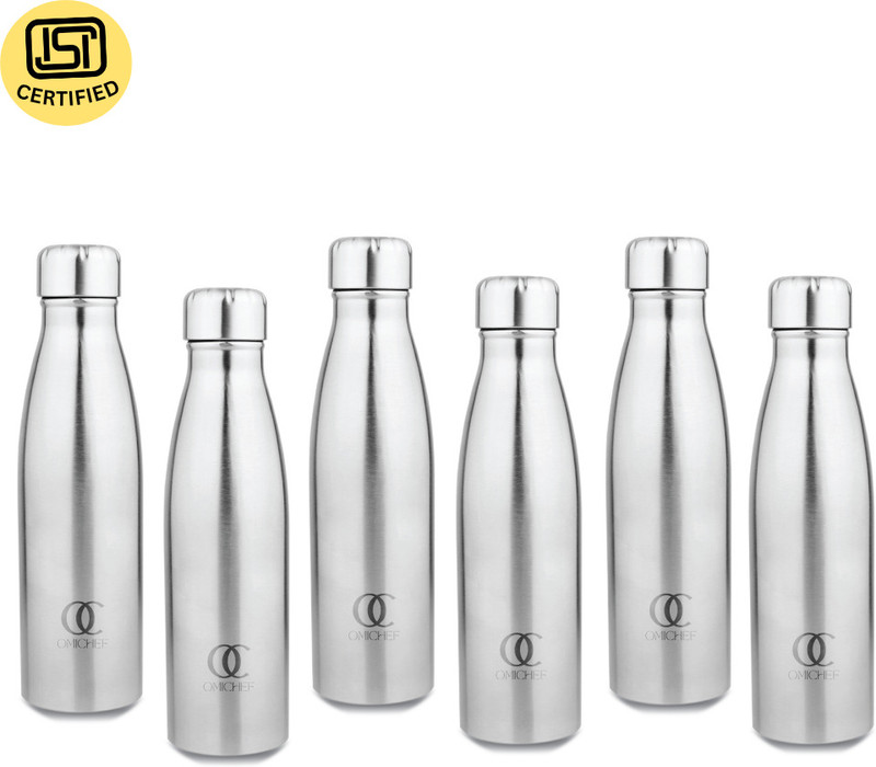 Omichef Ozone Stainless Steel 1L Single Wall & Fridge Water Bottle BPA-Free & Leak-Proof 1000 ml Steel Bottle(Pack of 6, Silver)