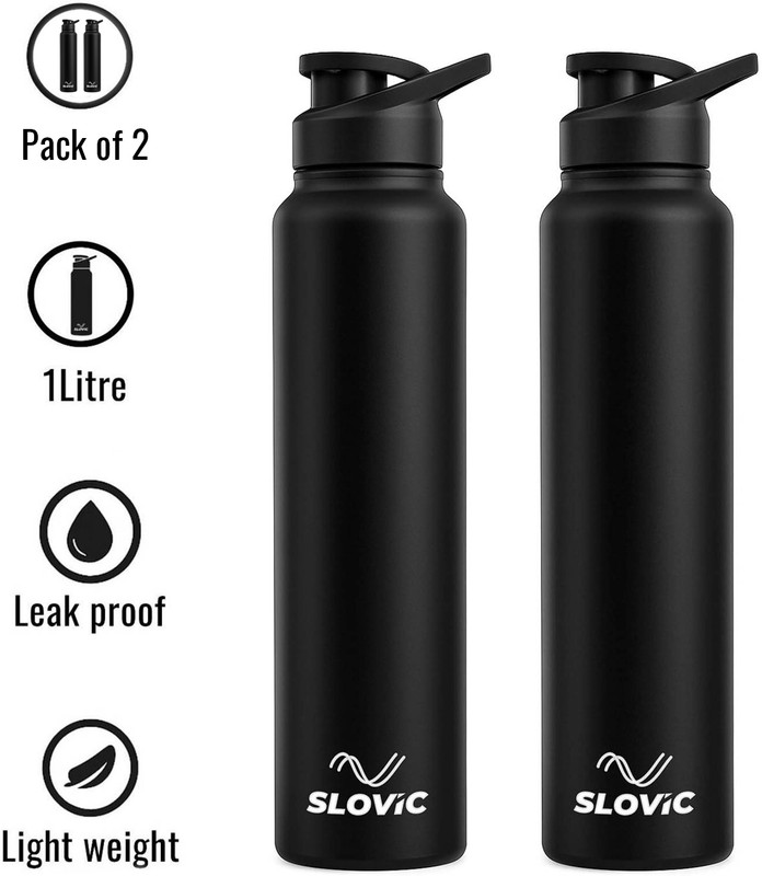 SLOVIC Steel Water Bottle 1 Ltr 1000 ml Stainless Steel Bottle(Pack of 2, Black)