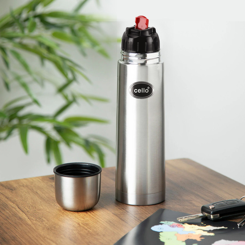 cello Flipstyle Pro Stainless Steel with Jacket | Flip lid with cup | Leakproof 890 ml Steel Flask(Pack of 1, Silver)