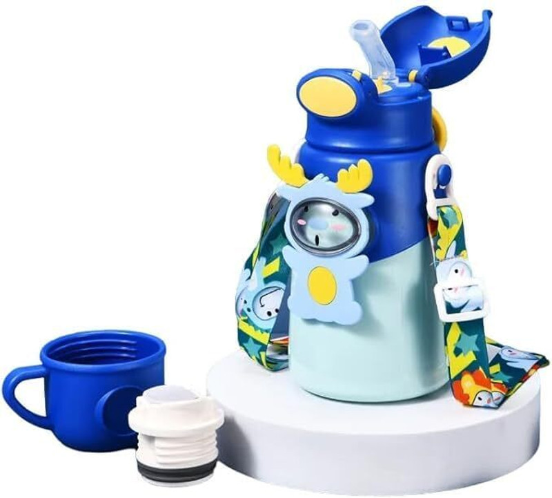 SriGuruOutlet 3D Animal Kids Sipper Bottle | SUS 316 Steel insulated Flask with Straw & Cup(Blue)