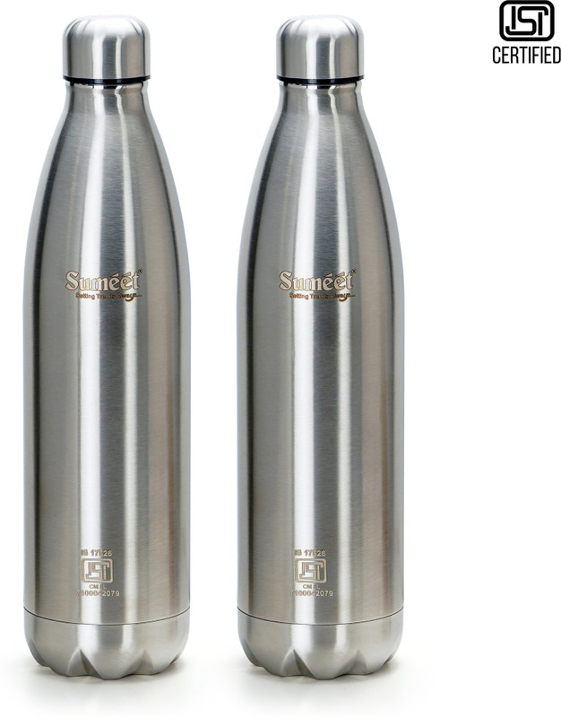Sumeet ISI Certified Double Wall Water Bottle,24 Hour Hot & Cold,2pc 1000 ml Steel Flask(Pack of 2, Silver)
