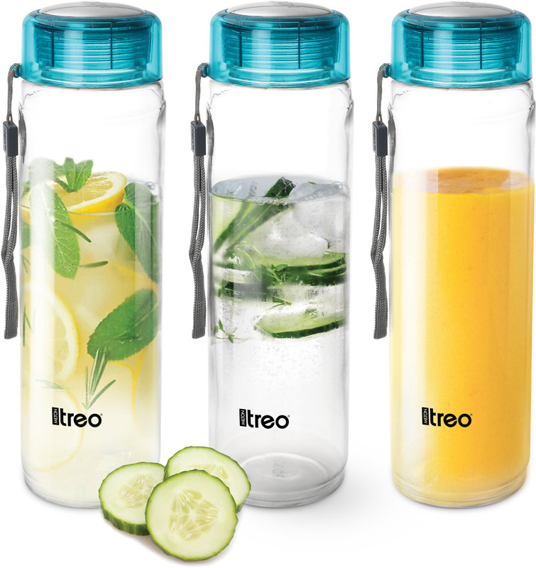TREO Hector Glass Bottle, 1000 ml each I Leak Proof I Food Grade, 1000 ml Borosilicate Glass Bottle(Pack of 3, Clear, Blue)