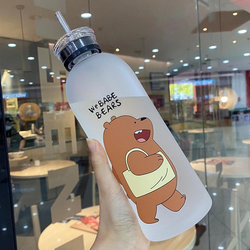 AMHORY Cute Bear Straw Portable Sports Water Bottle Girls Gift 1000 ml Plastic Sipper(Pack of 1, White)