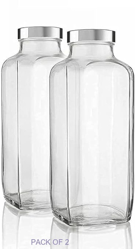 b7 Creations 1000 ml French Square Glass Water Bottle PACK OF 2 1000 ml Bottleawy 1000 ml Glass Bottle(Pack of 2, Multicolor)