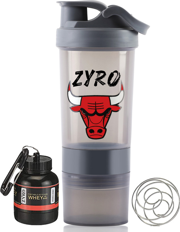 ZYRO Protein Funnel & Bulls Gym Shaker Bottle with 2 Extra Storage for Protein Shake 500 ml Plastic Shaker(Pack of 2, Grey)