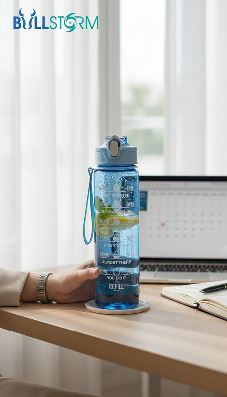Glowee 900 ML Transparent Motivational leakproof BPA Free marker gym water bottle 900 ml Plastic Bottle(Pack of 1, Blue)