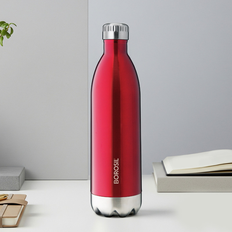 BOROSIL 1000ml Bolt Trans Red Vacuum Insulated Water Bottle, 24 Hours Hot & Cold Flask 1000 ml Steel Bottle(Pack of 1, Red)