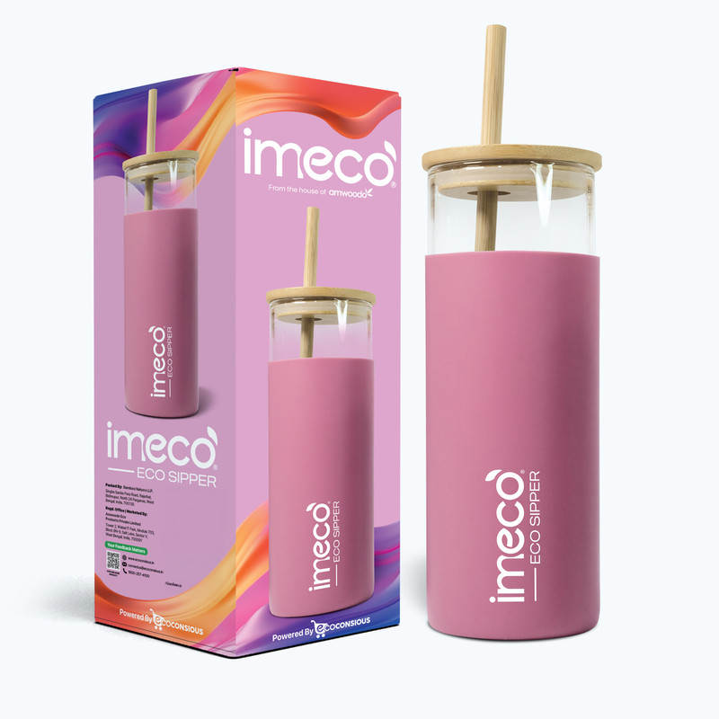 IMECO ECO Glass Sipper with Bamboo Straw & Lid Juice Smoothie Iced Tea Coffee Mug 450 ml Glass Sipper(Pack of 1, Pink)