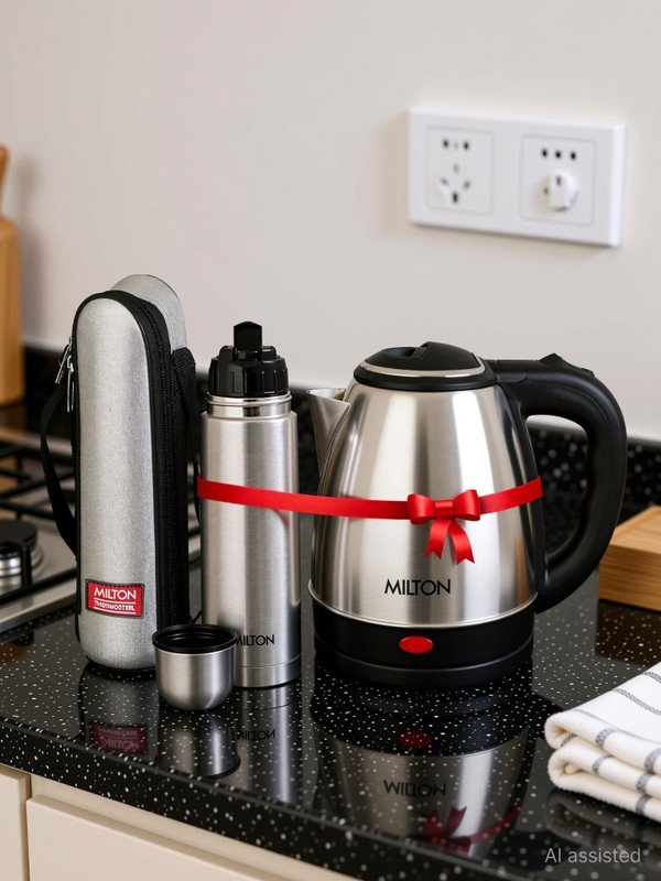MILTON Go Electric Stainless Steel Kettle, 1.5 Litres and Flip Lid Bottle, 350 ml Steel Flask(Pack of 2, Silver)