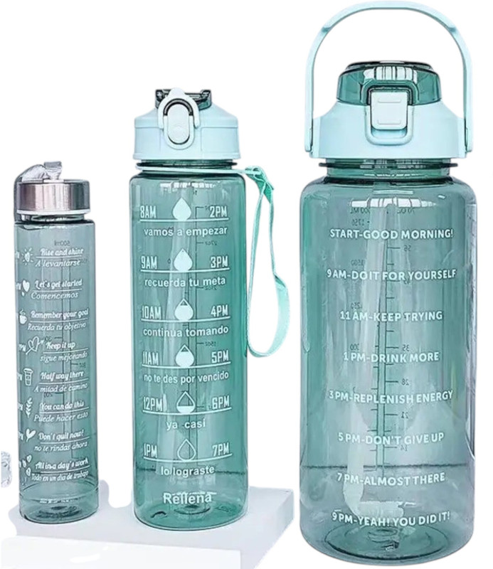 Praaj Set of 3 Motivational Water Bottles with Time Markers – BPA-Free Leakproof 3200 ml Plastic Sipper(Pack of 3, Light Blue)