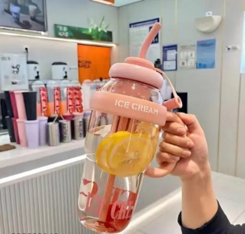 advik mart Ice Cream Design Water Bottle with Straw – Durable & Trendy, 1.2 Litre 1200 ml Plastic Sipper(Pack of 1, Pink)