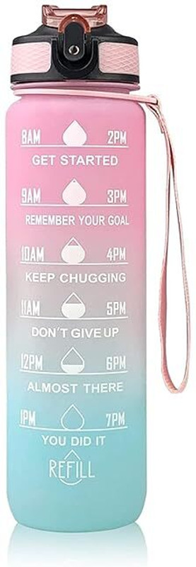 DOFTHD 1 Litre Drinking Water Bottle with Motivational Time Marker & Straw Gym Sipper 1000 ml Silicone, Plastic Sipper(Pack of 1, Multicolor)