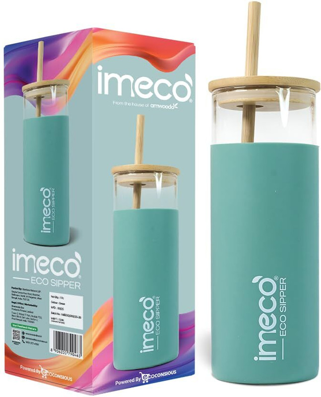 IMECO ECO Glass Sipper with Bamboo Straw & Lid Juice Smoothie Iced Tea Coffee Mug 450 ml Glass Sipper(Pack of 1, Green)
