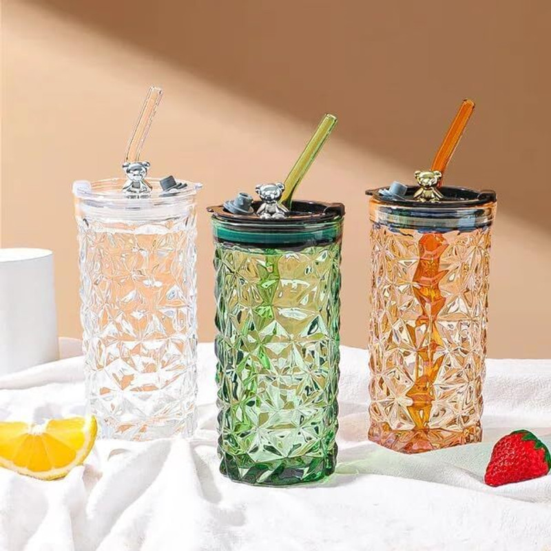 SUNCLOCK SIPPER GLASS 380ML WITH LID + STRAW 2PCS 400 ml Glass Sipper(Pack of 2, Multicolor)