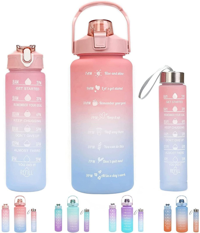 Tennessine Time Marker Water Bottle with Straw| Bottle for Gym, Office, Sports | 2000, 900, 350 ml Plastic Sipper(Pack of 3, Pink, Blue)
