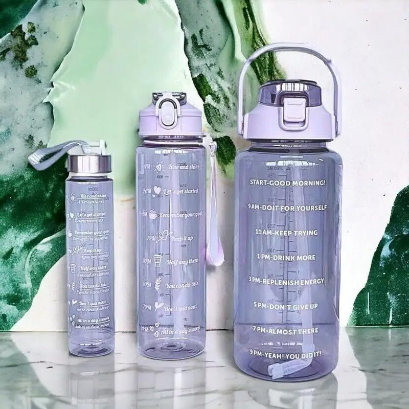 ThirstJoy Set of 3 Transparent Bottle 2000ML, 900ML, 300ML with Motivational Time Marker 2000 ml Plastic Sipper(Pack of 3, Multicolor)