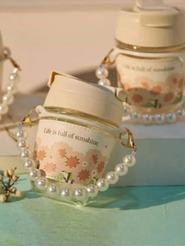 CuteROOTS Cute glass mug With lid and Straw And Pearl Strap 350 ml Glass Shaker(Pack of 1, Pink)