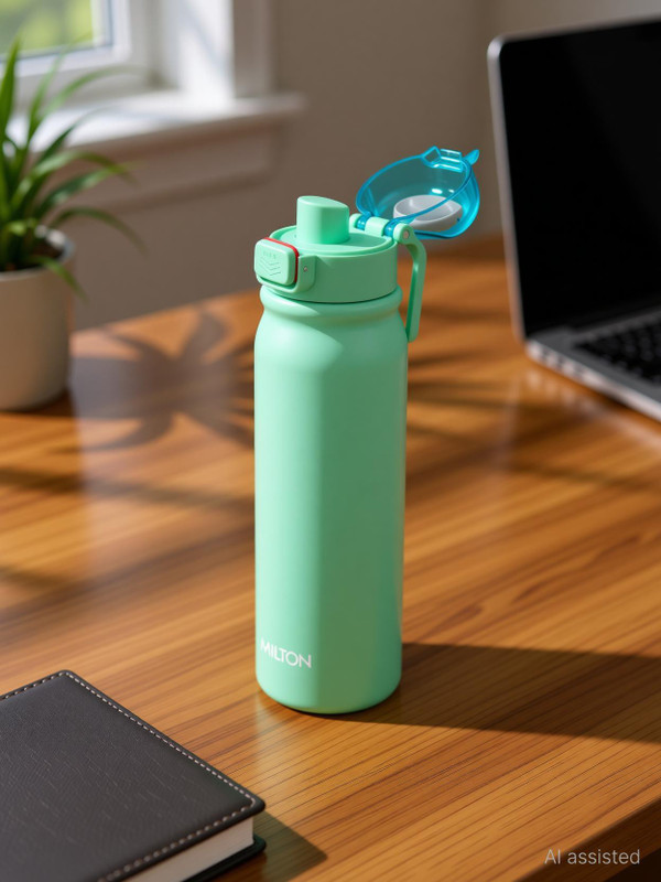 MILTON Reva 1000 Steel Water Bottle with Twin Lid Sip or Gulp, 1 Litre Aqua Green 1000 ml Stainless Steel Bottle(Pack of 1, Green)