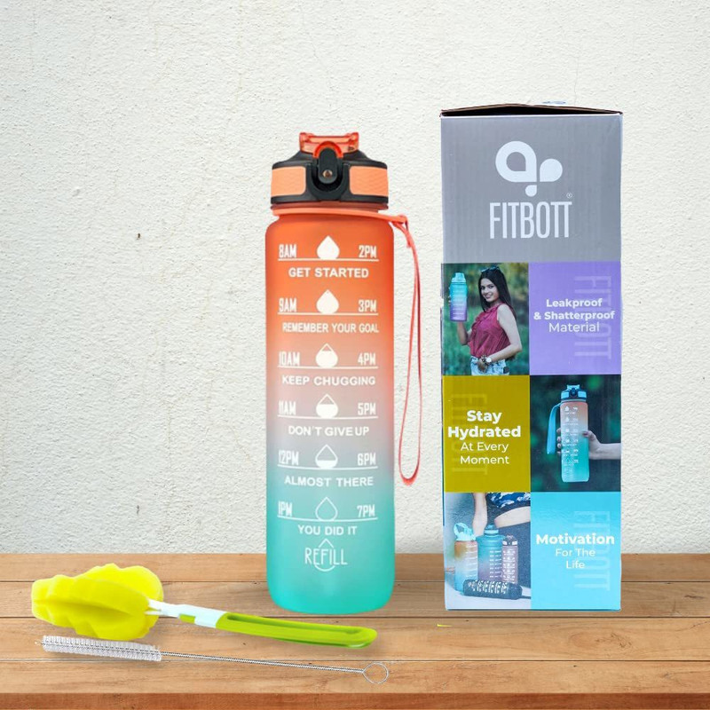 FITBOTT Sports Water Bottle with Time Marking & Bottle/Straw Cleaning Brush Orange-Green 1000 ml Tritan Bottle(Pack of 1, Orange, Green)